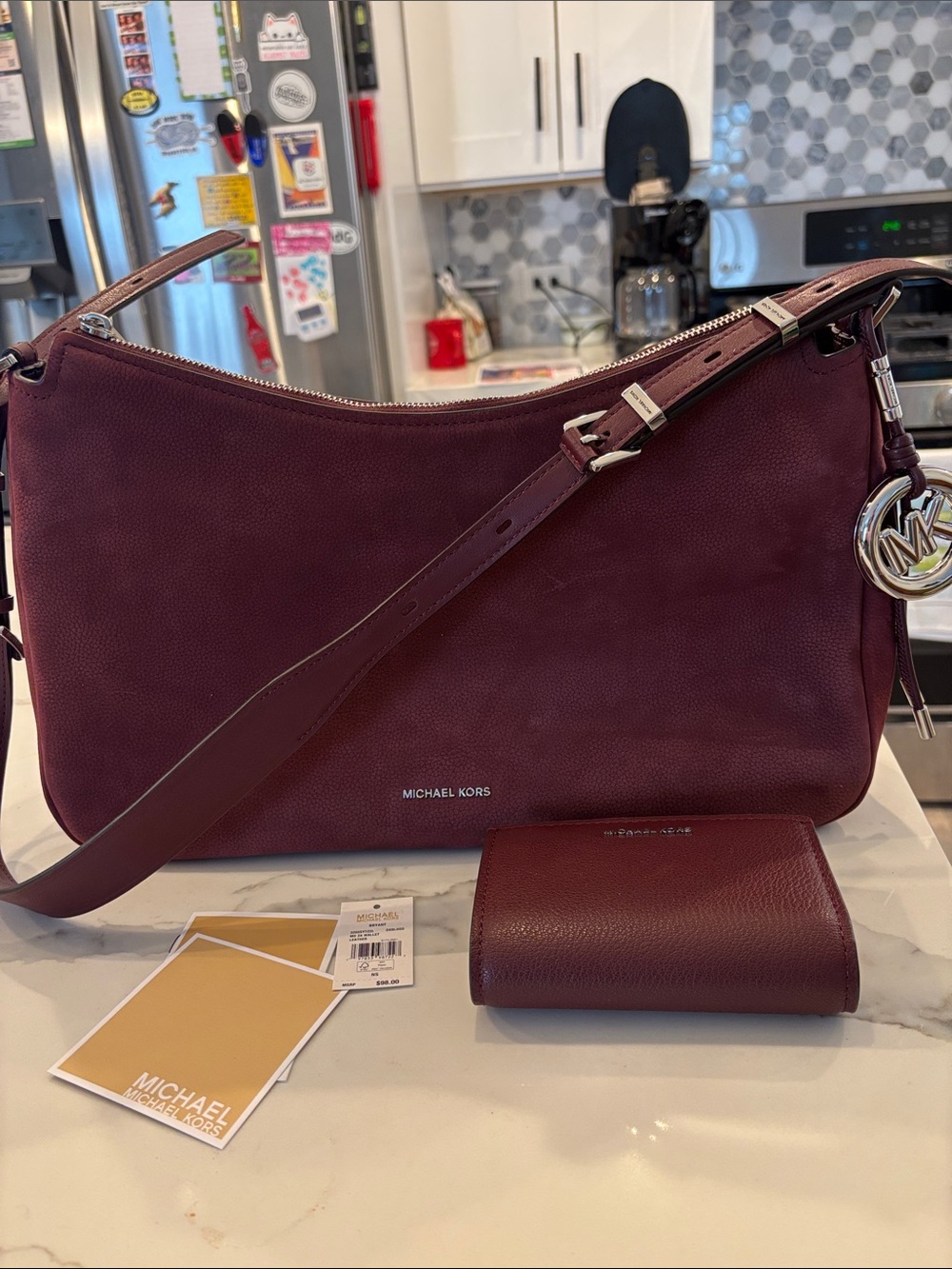Michael Kors Oxblood Leather Nubuck Shoulder Bag with Matching Wallet